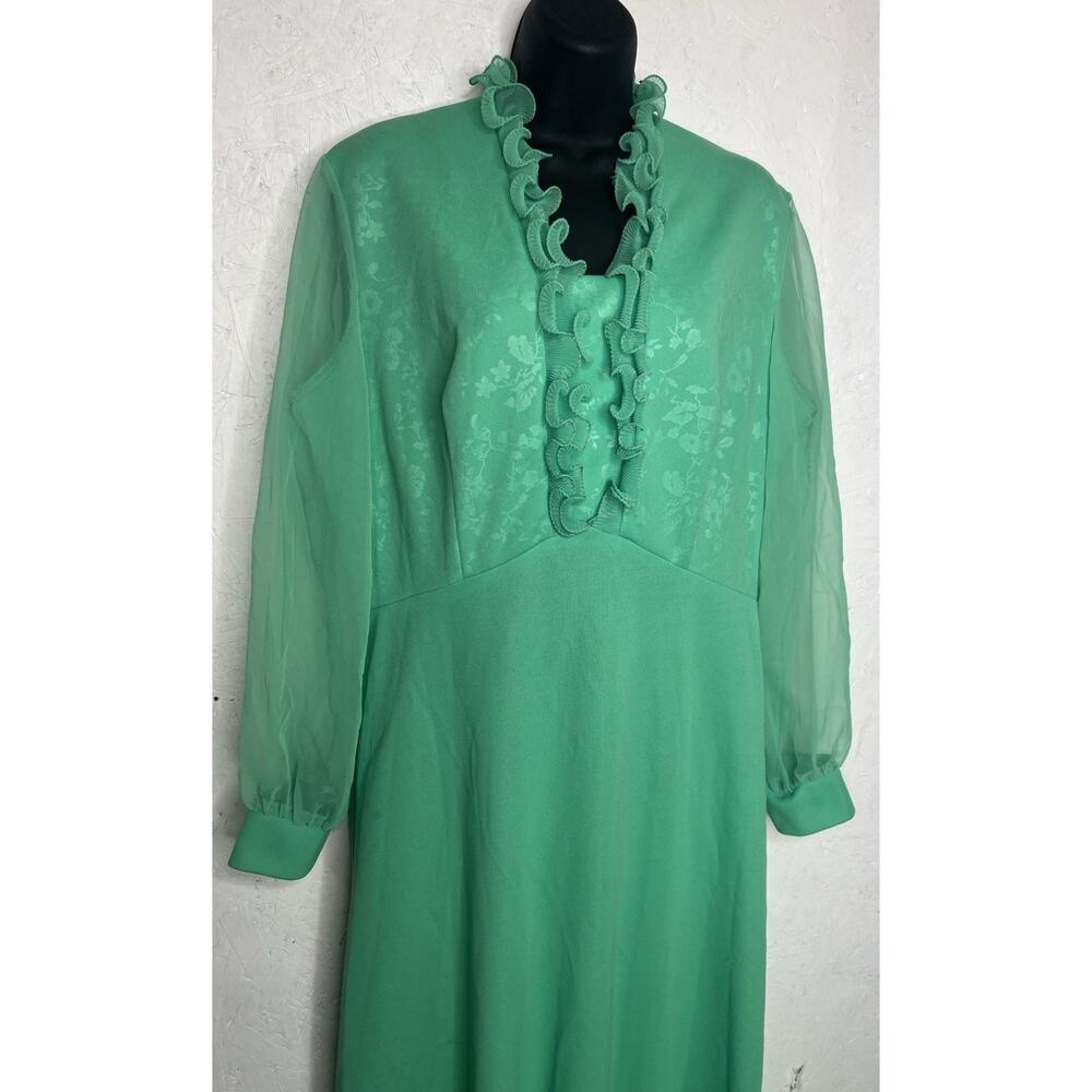 Vintage 70s Maxi Dress Ruffled Sheer Sleeves Floral Bodice Women’s Size Large - Picture 2 of 16